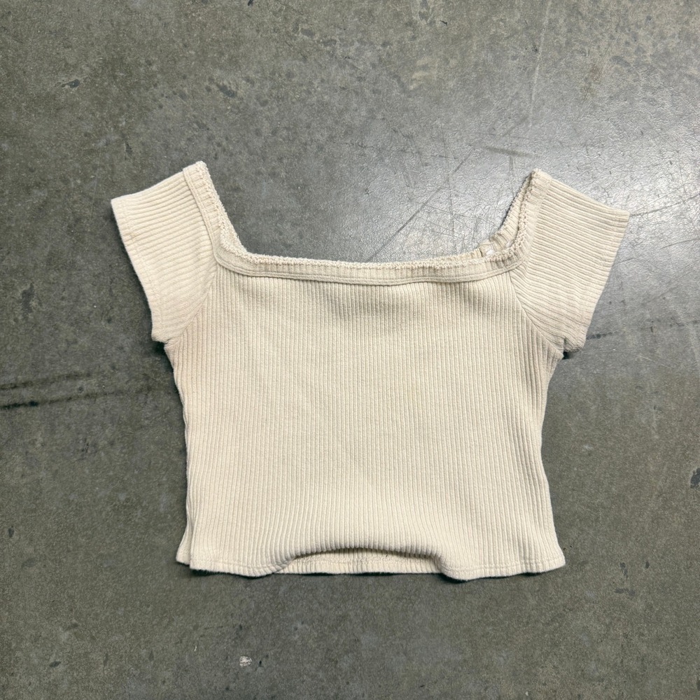Urban Outfitters Ribbed Square Neck Crop Top Cream Off White Short Sleeve XS S